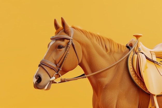 Photo un cheval brun avec une bride sur la tête se tient sur un fond jaune