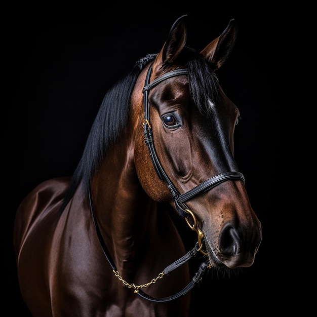 un cheval brun avec une crinière noire et une chaîne en or autour du cou.