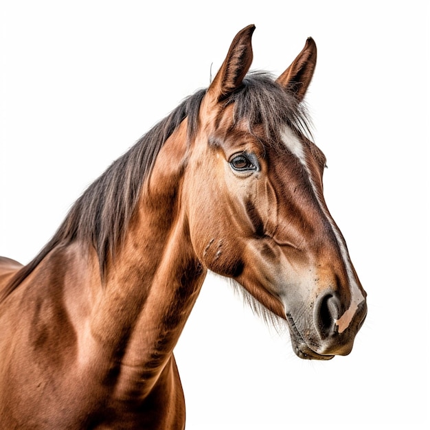 Un cheval brun avec une crinière noire et des yeux bleus.