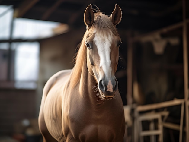 un cheval brun dans les maux