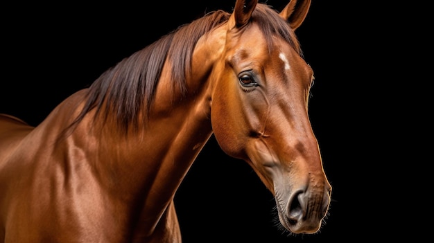 un cheval brun avec un fond noir avec une tache blanche sur la tête.