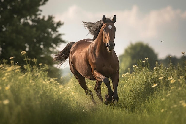 Cheval brun galopant dans le champ Illustration AI GenerativexA