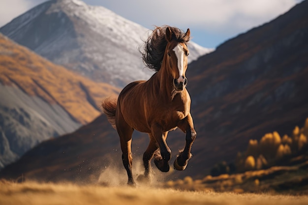 Un cheval brun galopant dans un champ par une journée ensoleillée créé à l'aide de la technologie d'IA générative