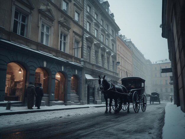 Un cheval et un buggy sont garés dans une rue enneigée.