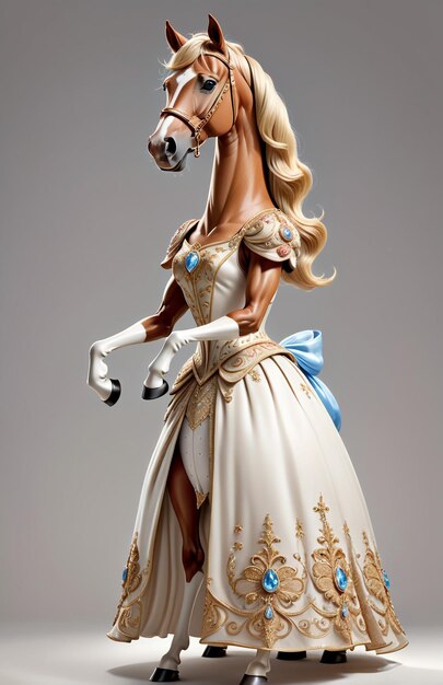 Cheval de caricature anthropomorphique portant un vêtement Cinderella adressé debout vue complète du corps isolé