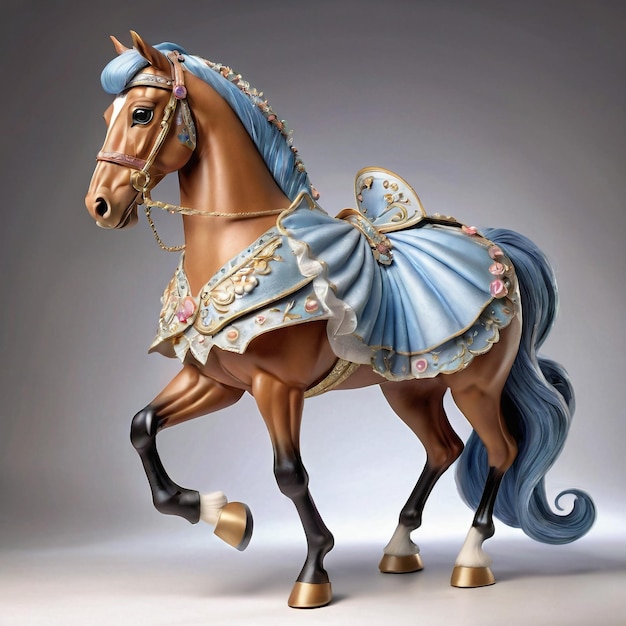 Cheval de caricature anthropomorphique portant un vêtement Cinderella adressé debout vue complète du corps isolé