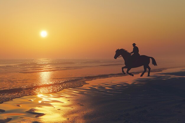 Un cheval et un cavalier galopent le long d'une plage déserte.