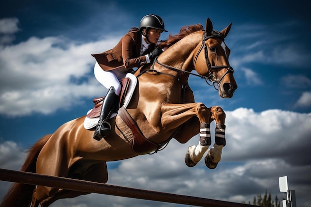 un cheval avec un cavalier qui saute par-dessus une clôture.