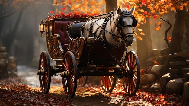 Photo cheval et chariot dans une forêt