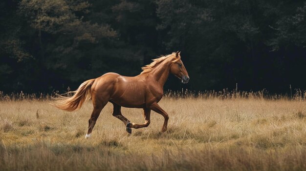 Le cheval de châtaignier court au galop sur un champ de printemps et d'été.