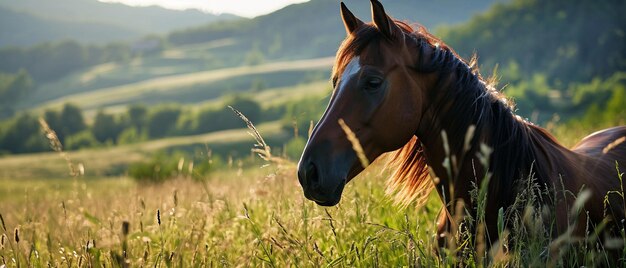 Le cheval de châtaignier dans le pré du matin