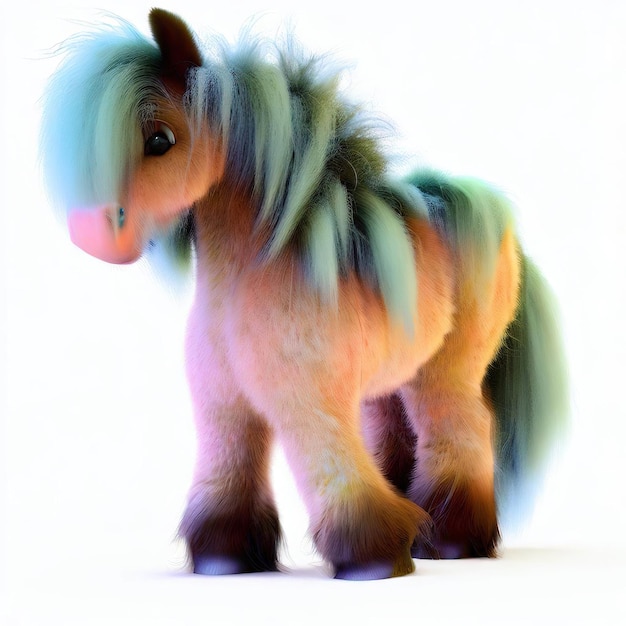 Un cheval coloré avec une crinière qui dit "poney" dessus