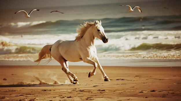 Photo un cheval courant sur une plage avec des oiseaux volant en arrière-plan