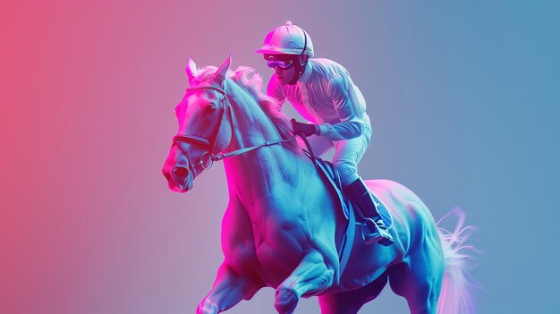 Cheval de course avec jockey sur fond néon