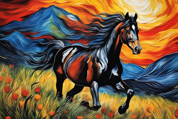 Cheval de course style Van Gogh peinture numérique qualité affiche imprimable