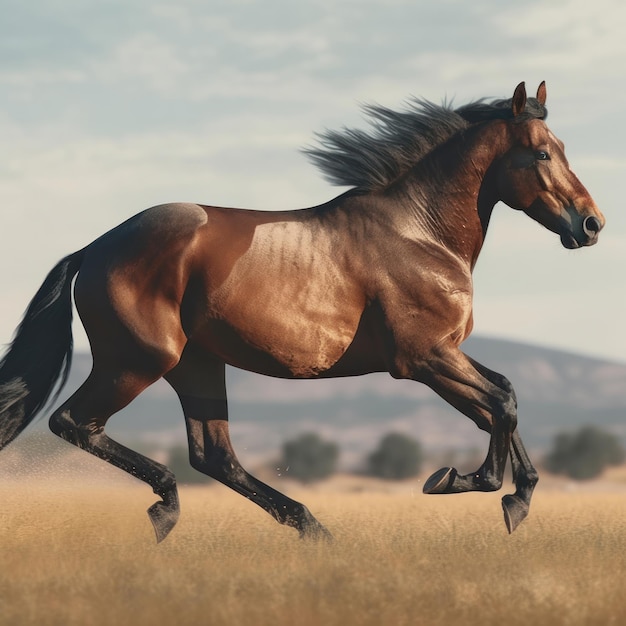 Un cheval court dans un champ avec des montagnes en arrière-plan.