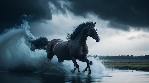 Un cheval court dans le désert avec un coucher de soleil en arrière-plan