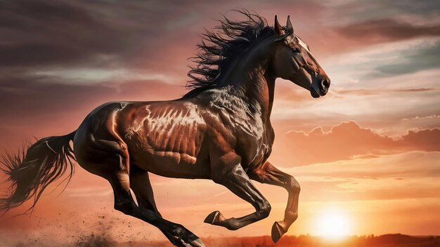 Le cheval court en pili contre la force du coucher du soleil d'un cheval au galop