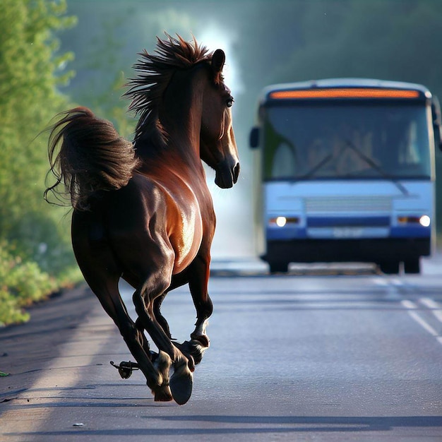 Photo un cheval court sur la route avec un vélo ou un bus derrière