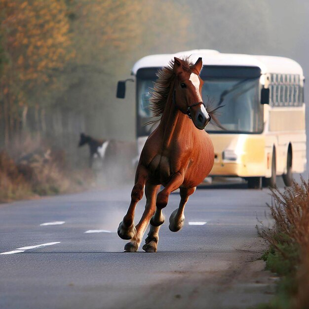Photo un cheval court sur la route avec un vélo ou un bus derrière