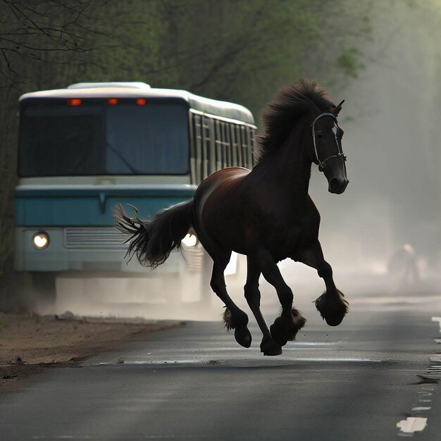 Photo un cheval court sur la route avec un vélo ou un bus derrière