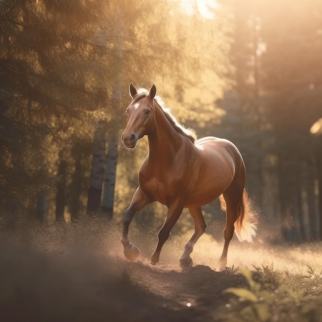 Un cheval court à travers une forêt avec le soleil qui brille sur son dos.