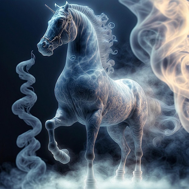 Un cheval avec une crinière blanche et un nez noir se tient en fumée.