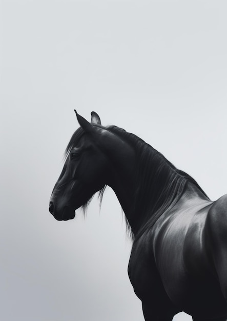 Un cheval avec une crinière noire et un fond blanc.