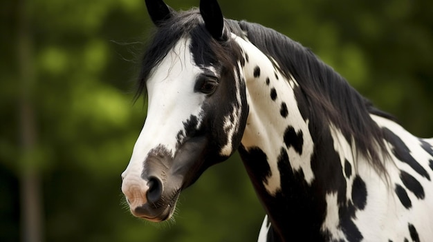 Un cheval avec une crinière noire et des marques blanches