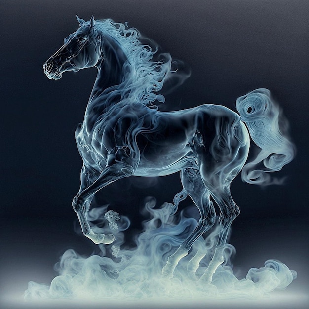 Un cheval avec une crinière et une queue est entouré de fumée.