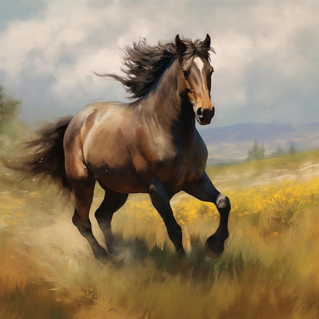 un cheval avec une crinière qui traverse un champ de fleurs jaunes