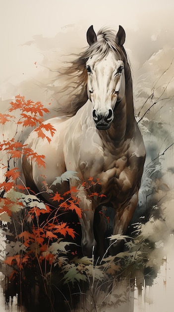 Un cheval dans un brouillard dense flore technique mixte lavis à l'encre abstrait expressif à l'albumine Noriyoshi Oh