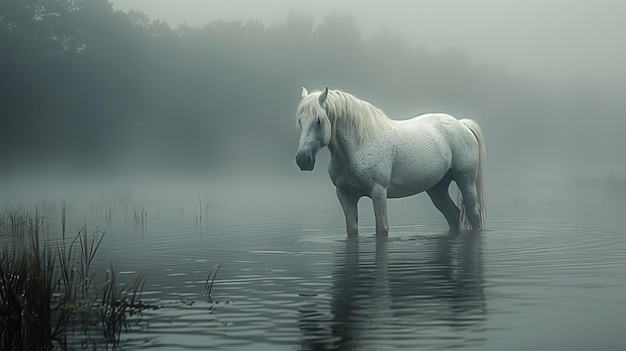 Un cheval dans le brouillard.