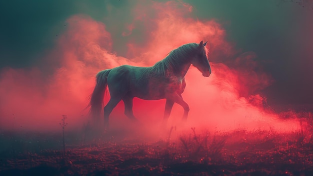 Un cheval dans le brouillard.