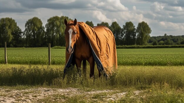 Un cheval dans un champ avec une couverture dessus