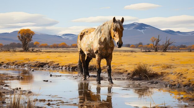 un cheval dans un champ avec des montagnes en arrière-plan