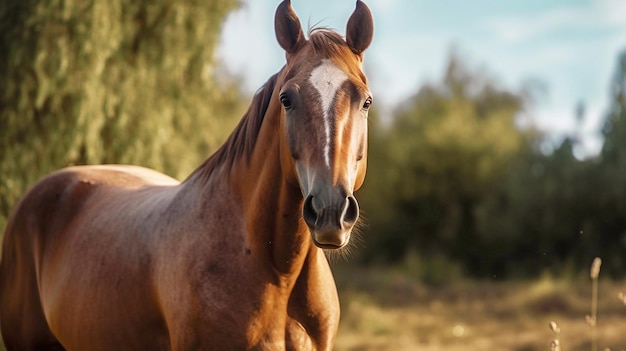 Un cheval dans un champ regardant la caméra Photographie de la faune