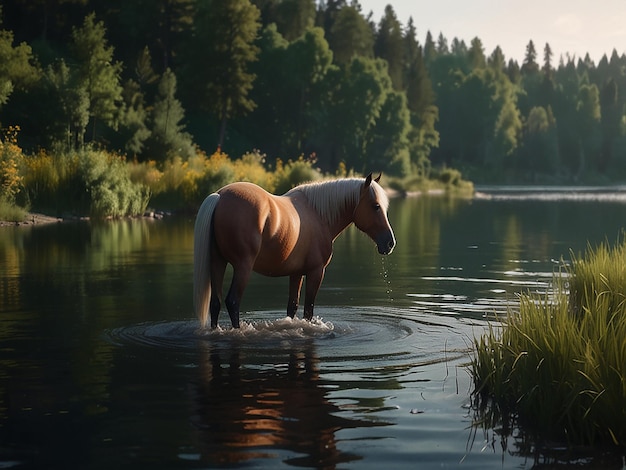 Photo un cheval dans l'eau se tient dans l' eau