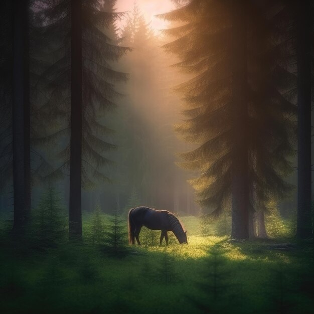 Un cheval dans une forêt avec le soleil qui brille dessus.