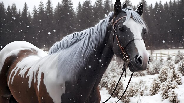 Cheval dans la neige avec de la neige qui tombe sur le sol