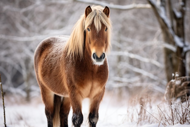 un cheval debout dans la neige dans une zone boisée