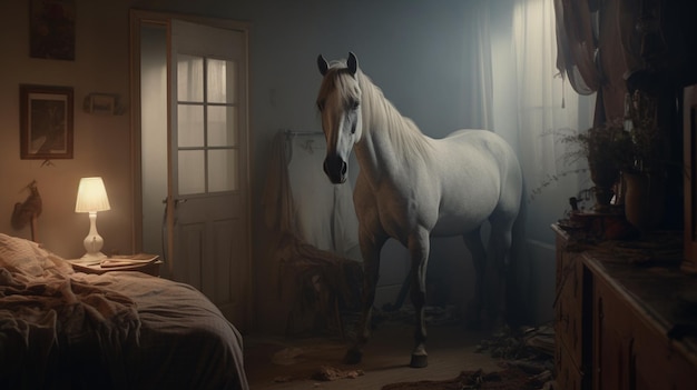 Photo le cheval debout mur de la chambre à coucher à côté du cheval lit image ai généré de l'art