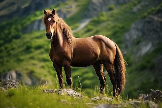 Cheval debout à la nature sur les rochers IA générative