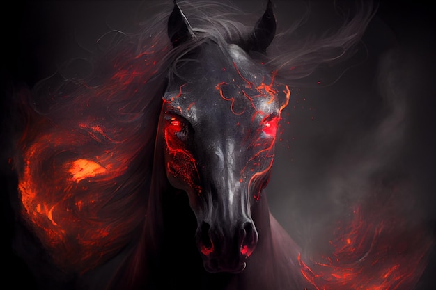 Cheval démoniaque brûlant noir avec des yeux de feu