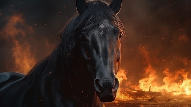 Un cheval devant un firegenerative ai brûlant