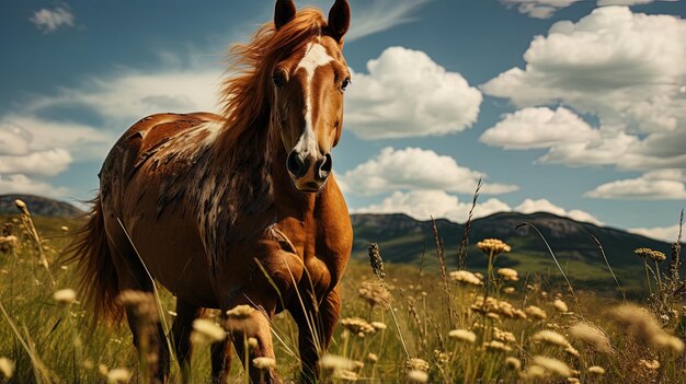 un cheval est debout dans un champ avec un fond de ciel