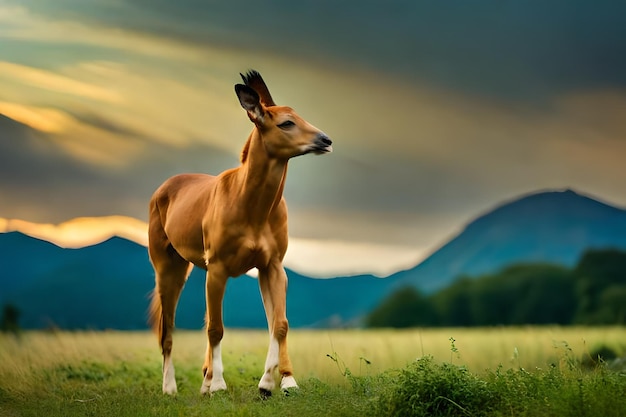 Photo un cheval est debout dans un champ avec un fond de ciel