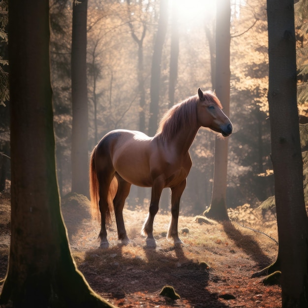 Un cheval est debout dans une forêt avec le soleil qui brille sur les arbres.