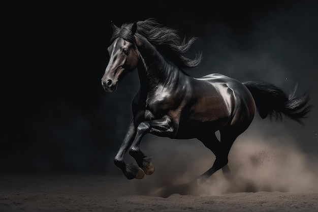 Cheval étalon noir au galop sur fond de poussière sombre AI