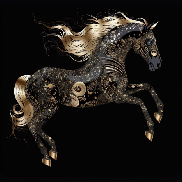 Un cheval avec des étoiles dorées dessus est sur fond noir.